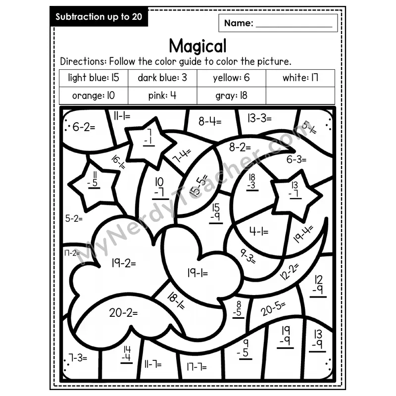 Subtraction to 20 Color by Number — Magical (Page 4)