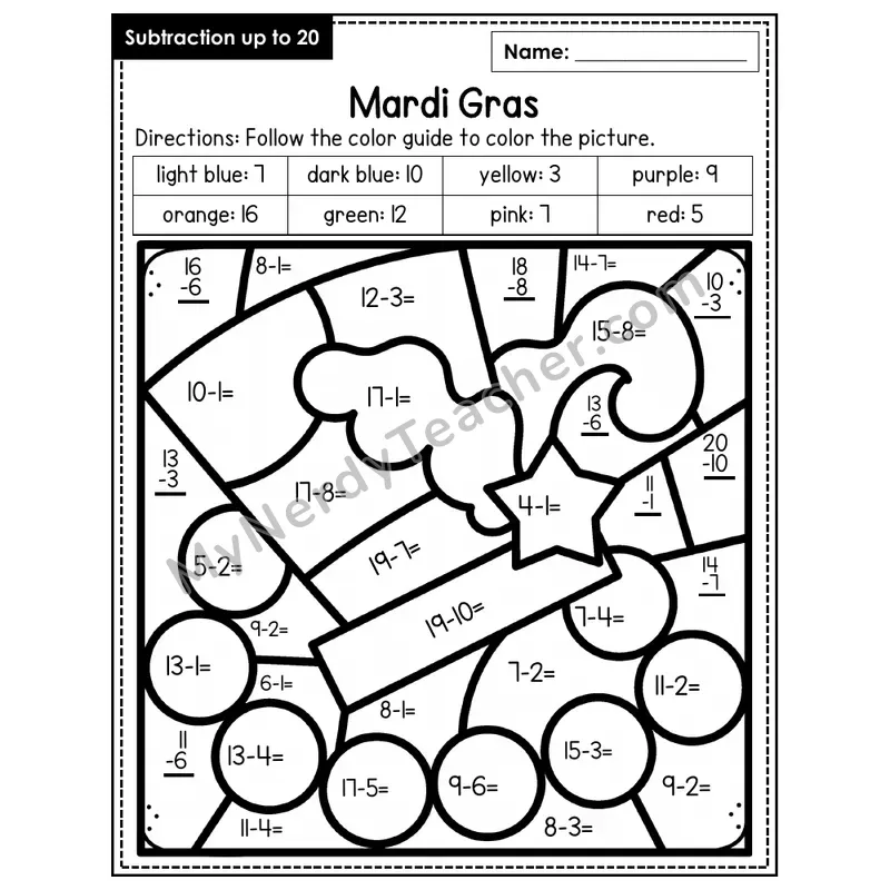 Subtraction to 20 Color by Number — Mardi Gras (Page 2)