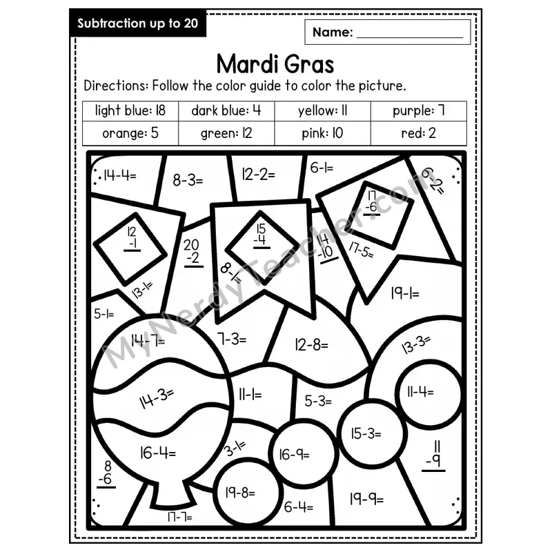 Subtraction to 20 Color by Number — Mardi Gras (Page 4)