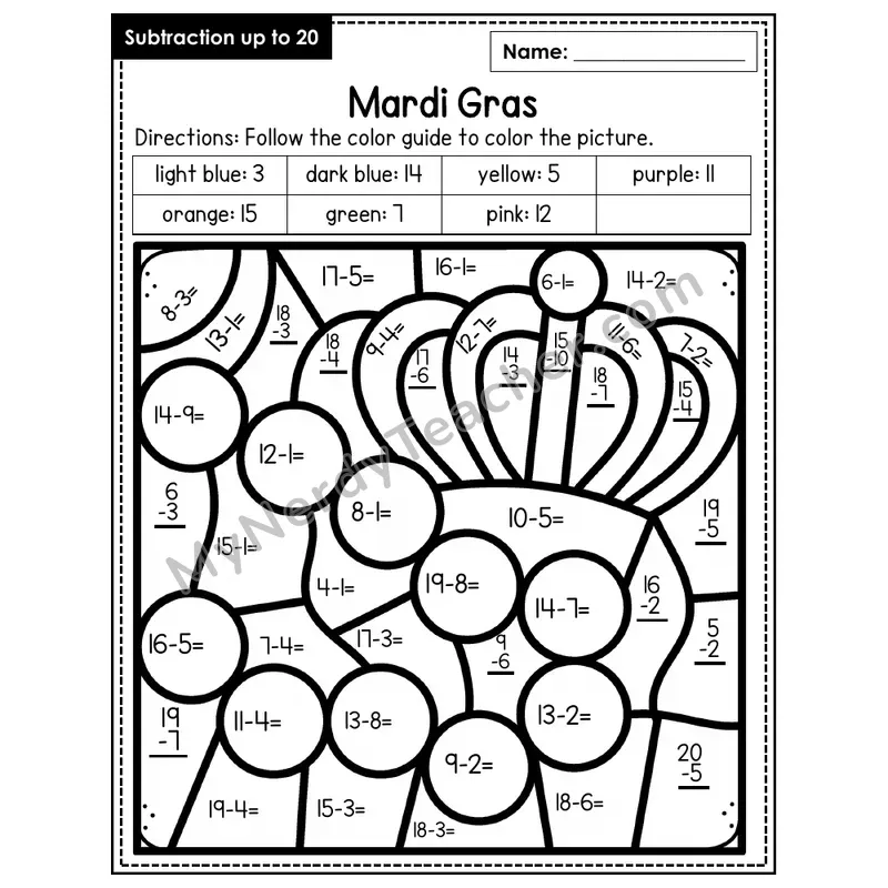 Subtraction to 20 Color by Number — Mardi Gras (Page 1)