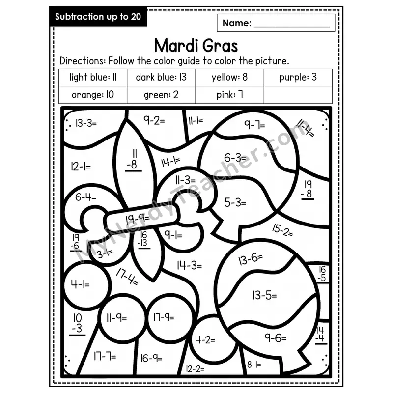 Subtraction to 20 Color by Number — Mardi Gras (Page 3)