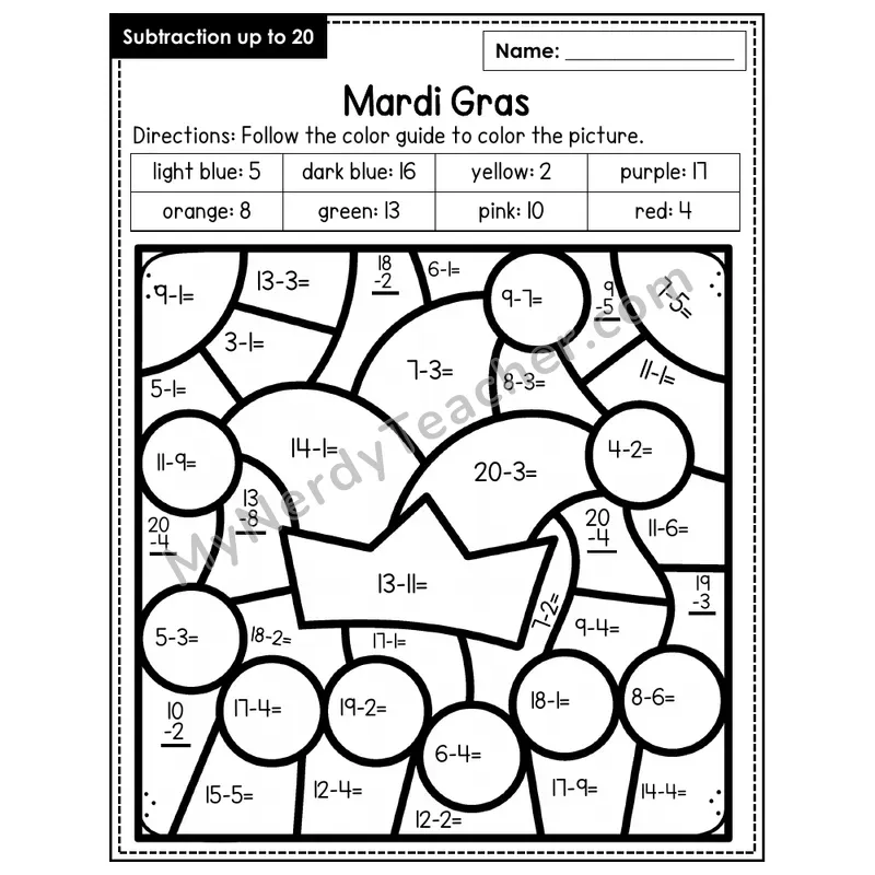 Subtraction to 20 Color by Number — Mardi Gras (Page 6)