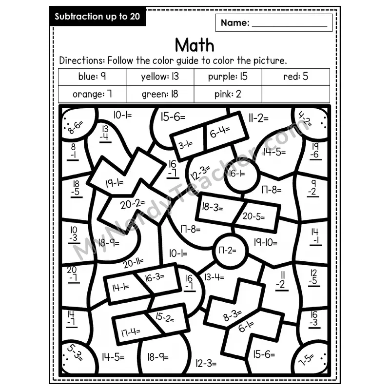 Subtraction to 20 Color by Number — Math (Page 2)