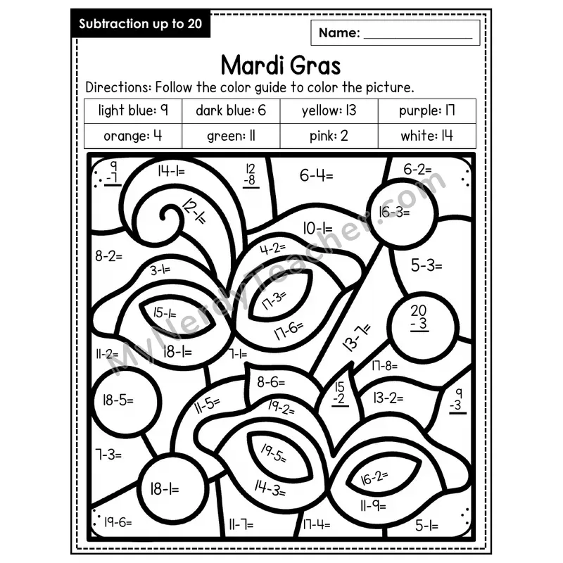 Subtraction to 20 Color by Number — Mardi Gras (Page 5)