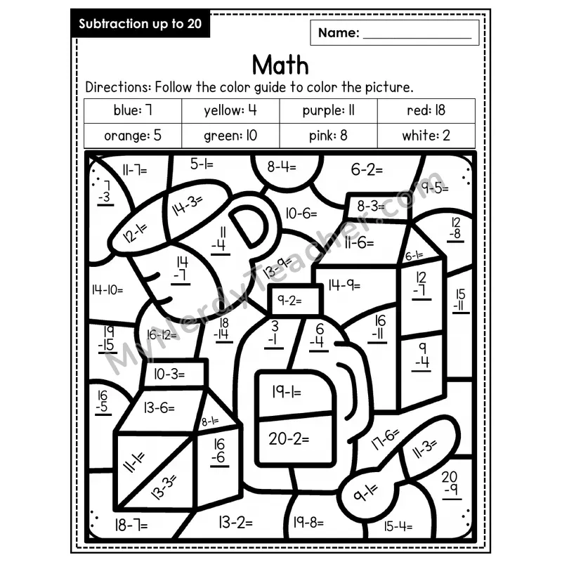 Subtraction to 20 Color by Number — Math (Page 3)