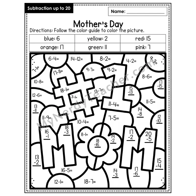 Subtraction to 20 Color by Number — Mother's Day (Page 3)