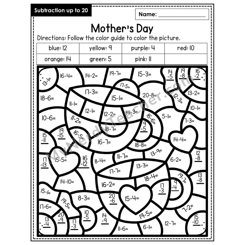 Subtraction to 20 Color by Number — Mother's Day (Page 4)
