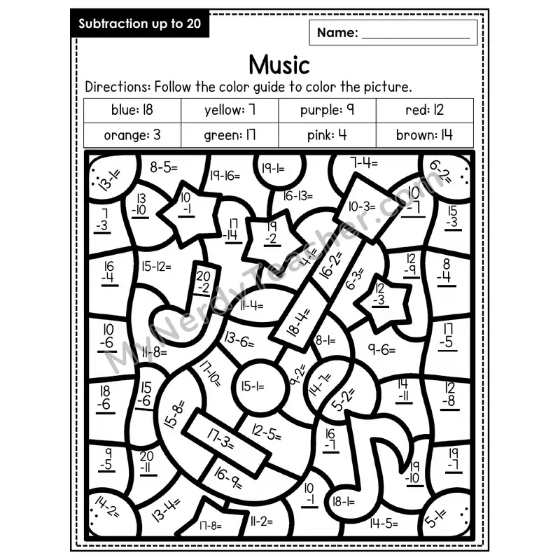 Subtraction to 20 Color by Number — Music (Page 2)