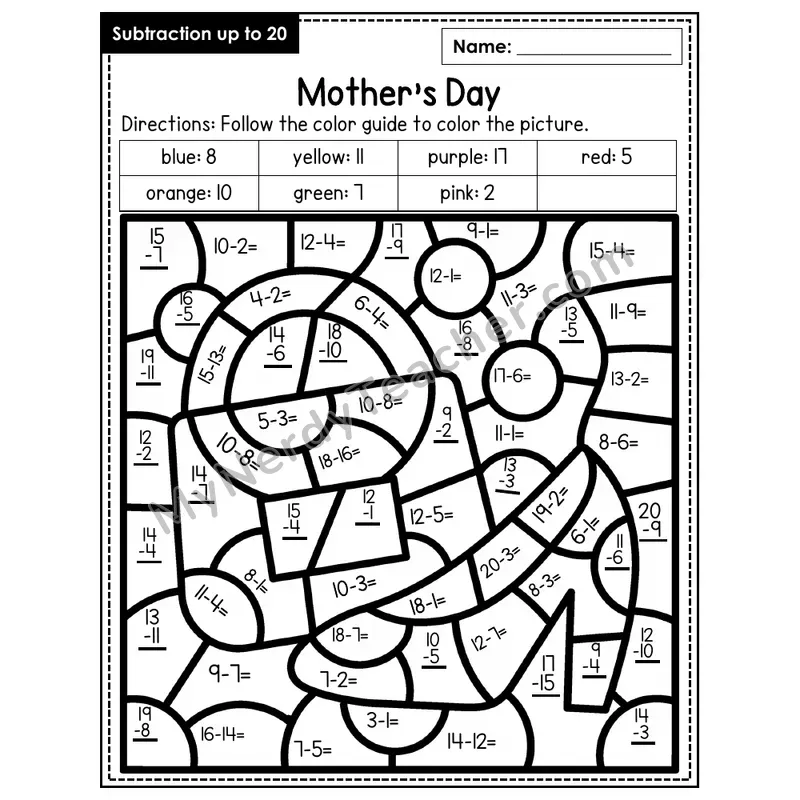 Subtraction to 20 Color by Number — Mother's Day (Page 8)