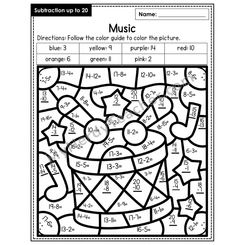 Subtraction to 20 Color by Number — Music (Page 1)