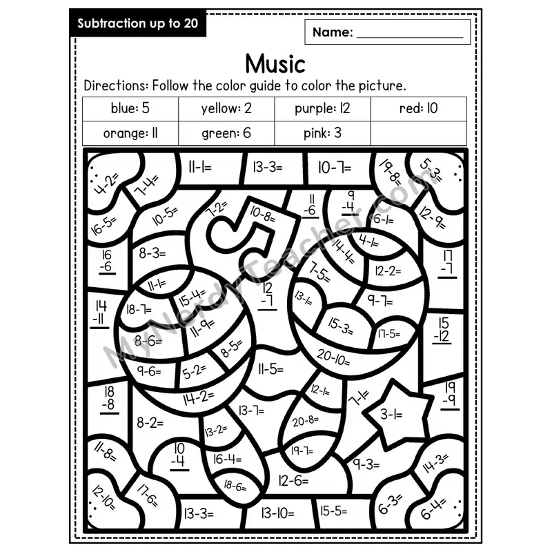 Subtraction to 20 Color by Number — Music (Page 3)