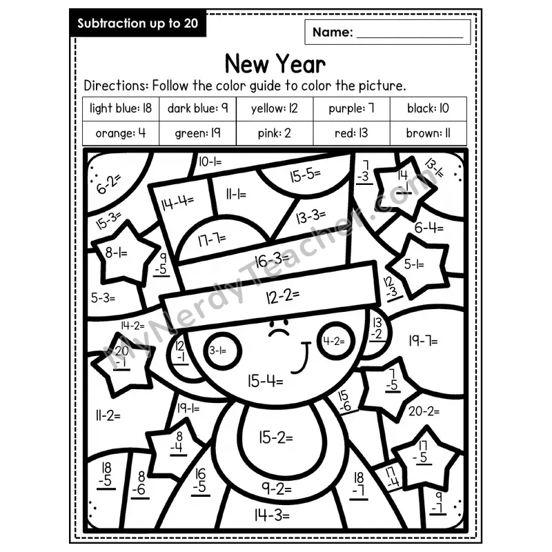 Subtraction to 20 Color by Number — New Years (Page 1)