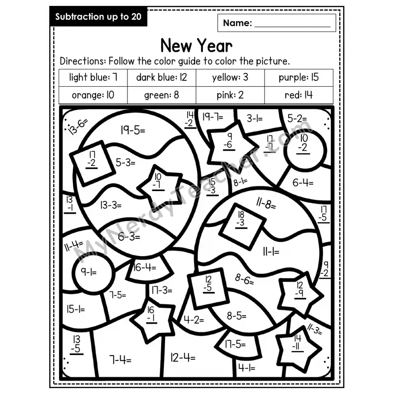 Subtraction to 20 Color by Number — New Years (Page 3)