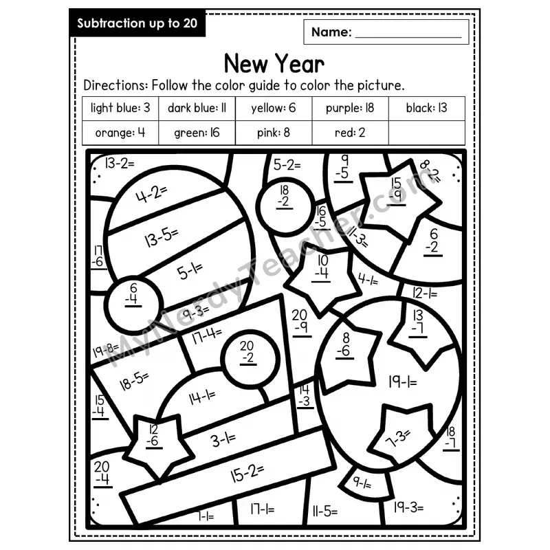 Subtraction to 20 Color by Number — New Years (Page 4)