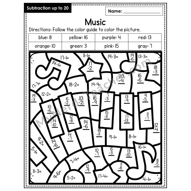 Subtraction to 20 Color by Number — Music (Page 8)