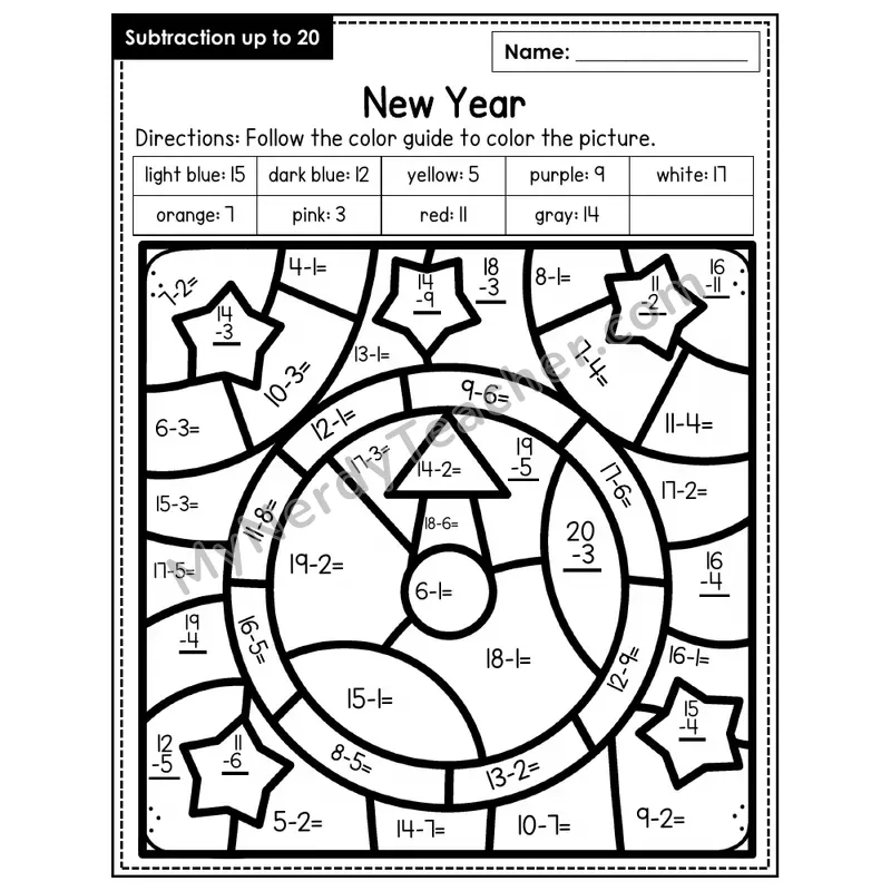 Subtraction to 20 Color by Number — New Years (Page 5)