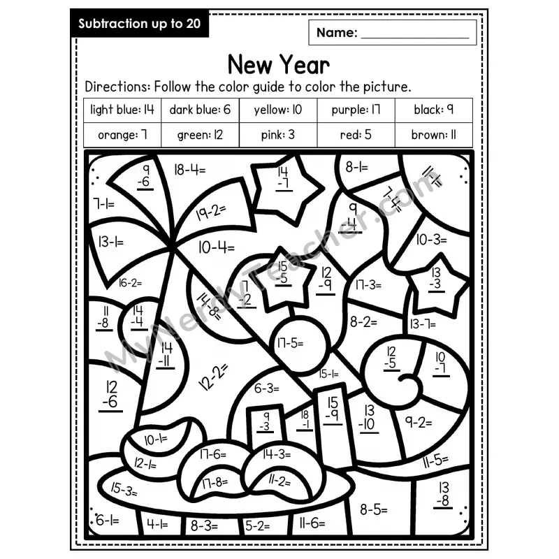 Subtraction to 20 Color by Number — New Years (Page 7)