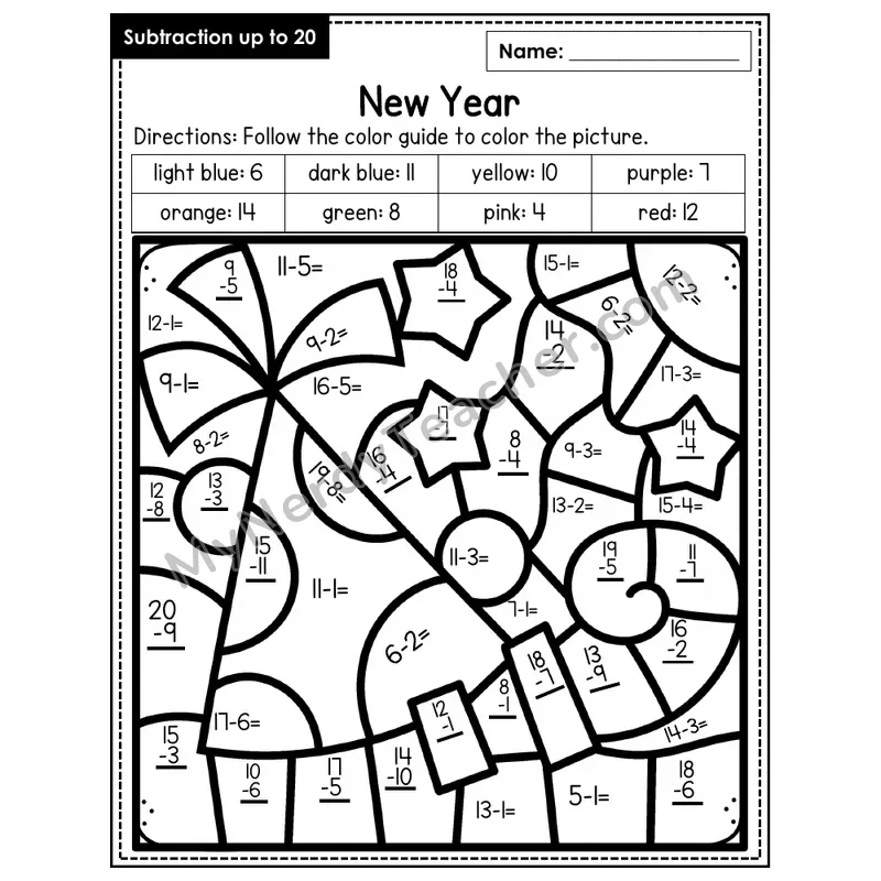 Subtraction to 20 Color by Number — New Years (Page 9)