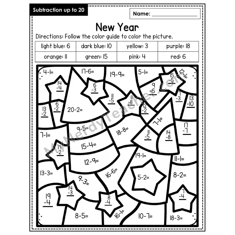 Subtraction to 20 Color by Number — New Years (Page 6)