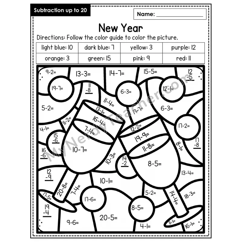 Subtraction to 20 Color by Number — New Years (Page 10)