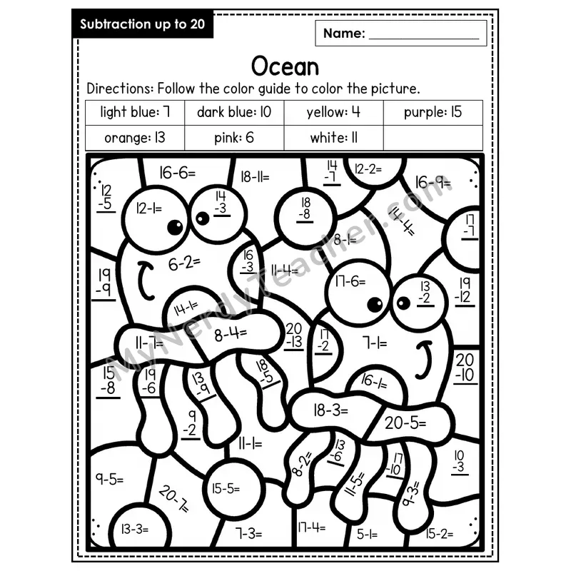 Subtraction to 20 Color by Number — Ocean (Page 1)
