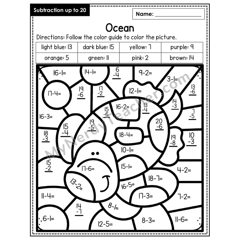 Subtraction to 20 Color by Number — Ocean (Page 2)