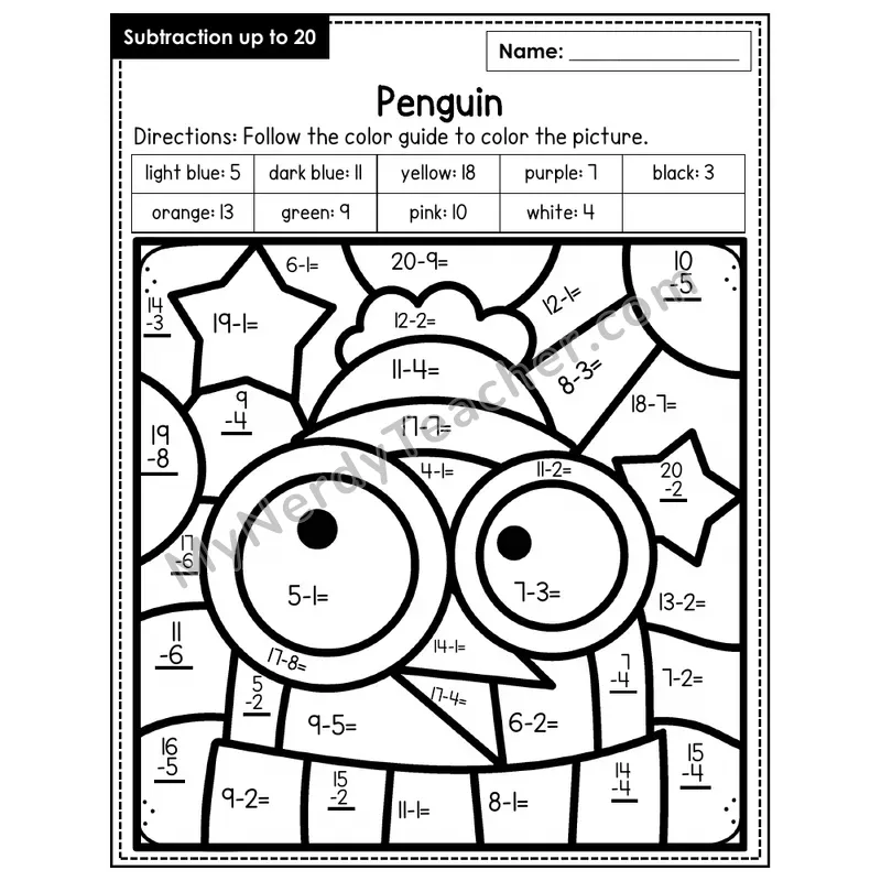 Subtraction to 20 Color by Number — Penguin (Page 1)