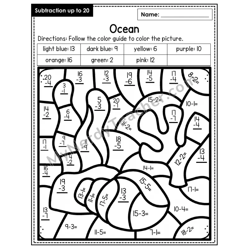 Subtraction to 20 Color by Number — Ocean (Page 8)