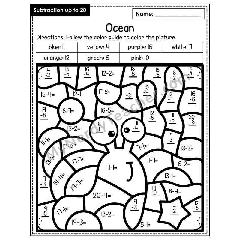 Subtraction to 20 Color by Number — Ocean (Page 7)