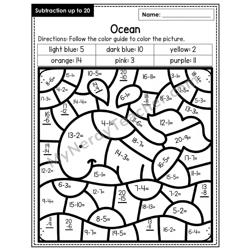 Subtraction to 20 Color by Number — Ocean (Page 5)