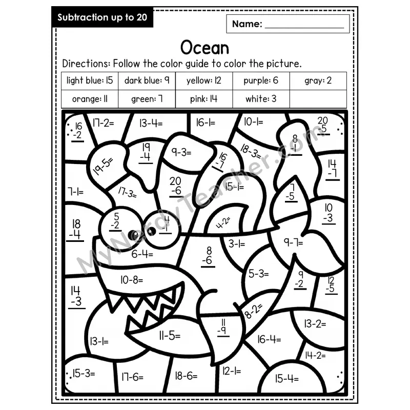 Subtraction to 20 Color by Number — Ocean (Page 6)