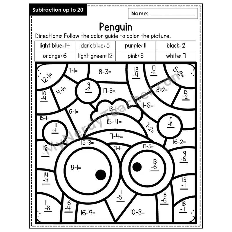 Subtraction to 20 Color by Number — Penguin (Page 5)