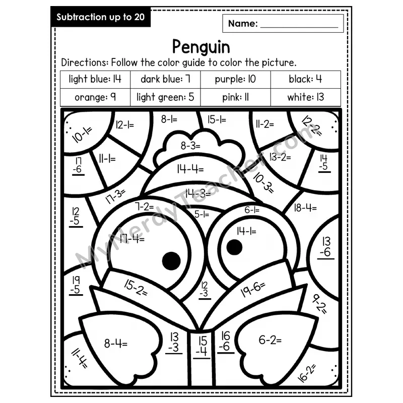 Subtraction to 20 Color by Number — Penguin (Page 3)
