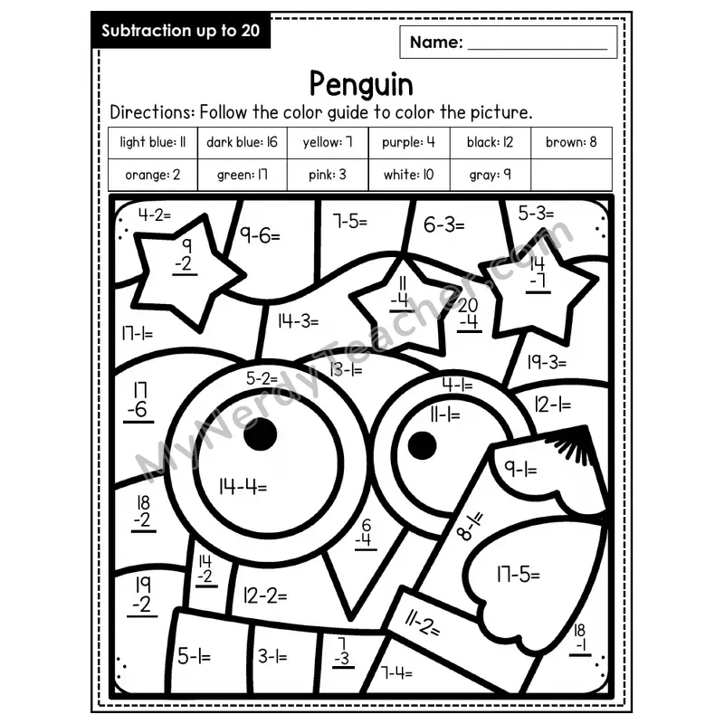 Subtraction to 20 Color by Number — Penguin (Page 2)