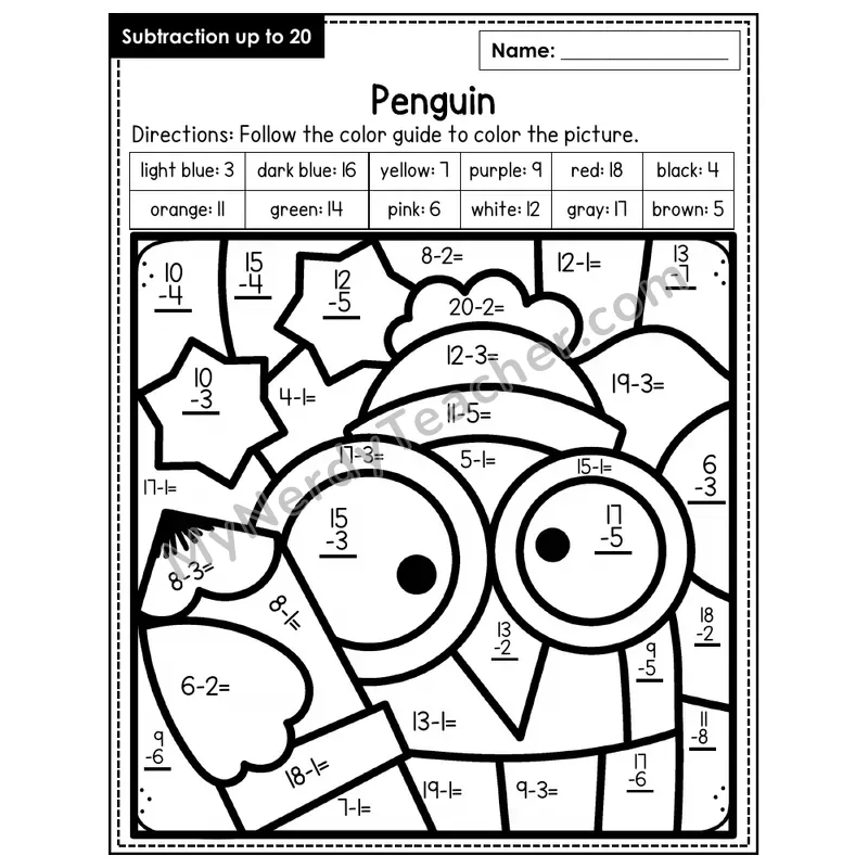 Subtraction to 20 Color by Number — Penguin (Page 4)