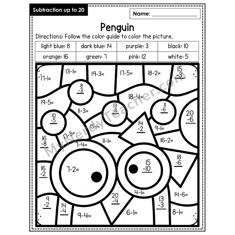 Subtraction to 20 Color by Number — Penguin (Page 6)