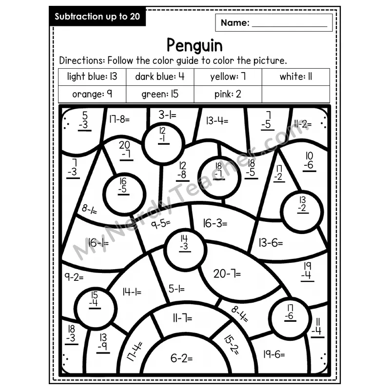 Subtraction to 20 Color by Number — Penguin (Page 8)