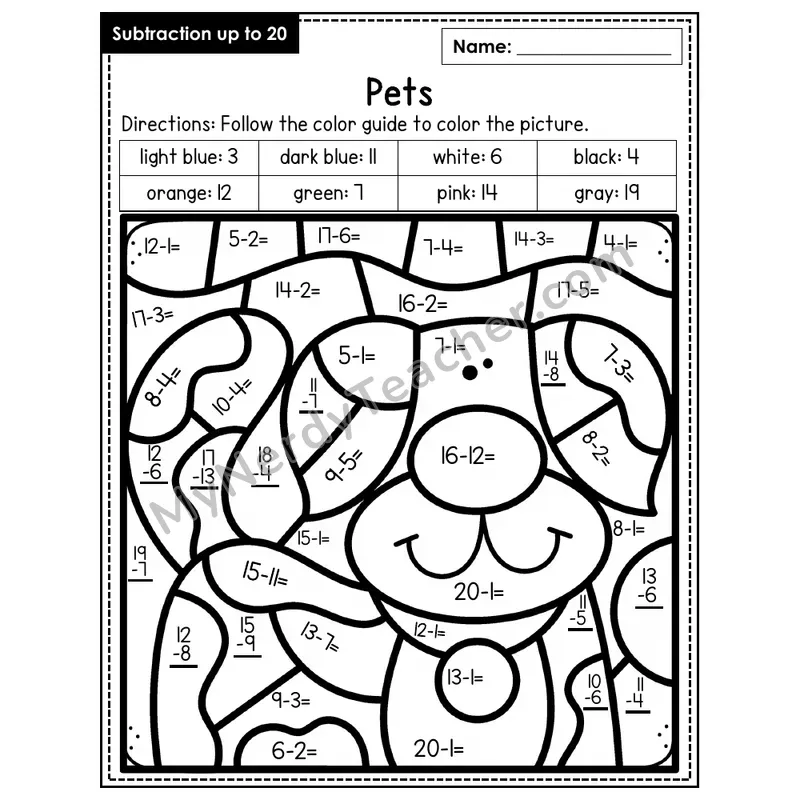 Subtraction to 20 Color by Number — Pets (Page 2)