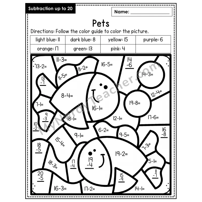 Subtraction to 20 Color by Number — Pets (Page 3)