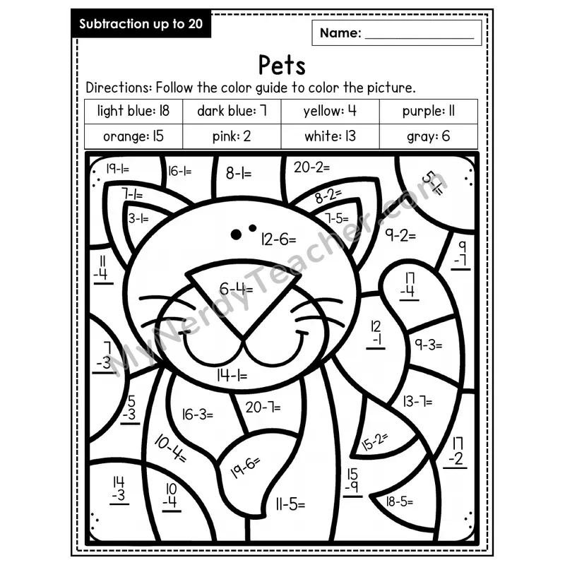 Subtraction to 20 Color by Number — Pets (Page 1)