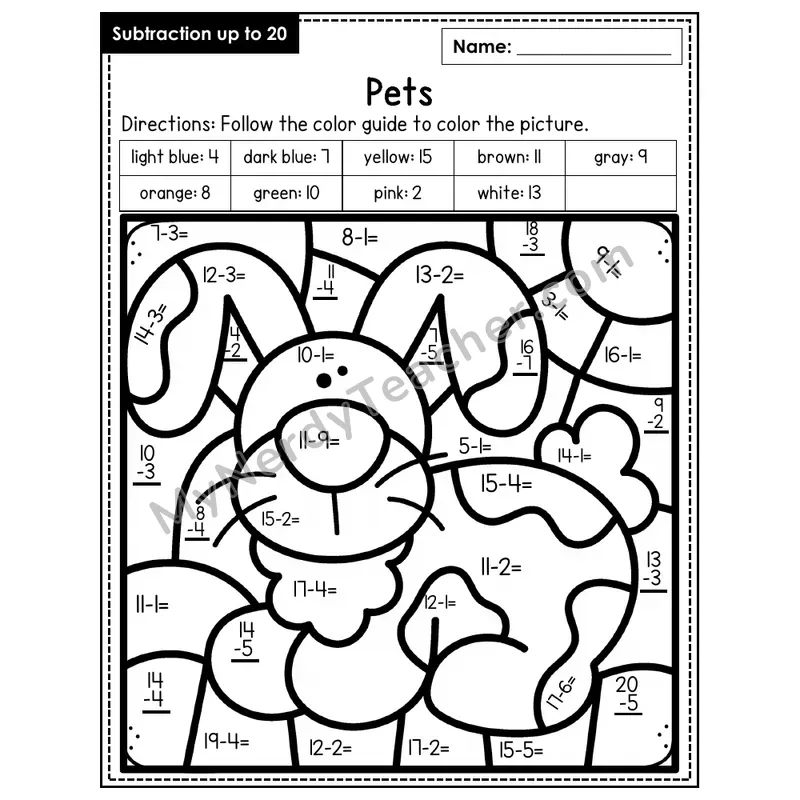 Subtraction to 20 Color by Number — Pets (Page 5)