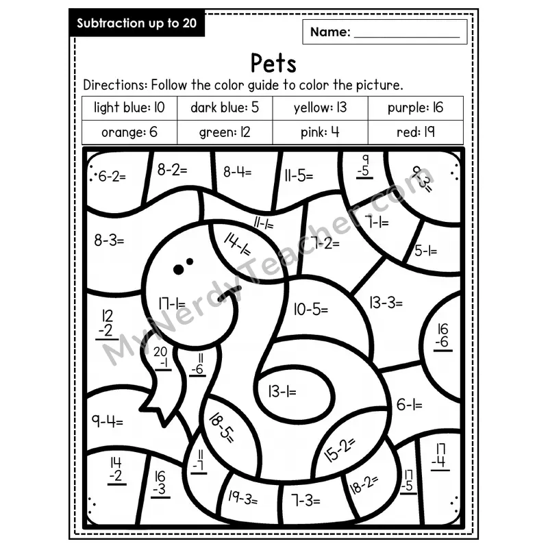 Subtraction to 20 Color by Number — Pets (Page 6)