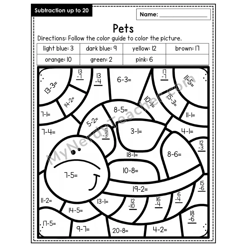 Subtraction to 20 Color by Number — Pets (Page 7)