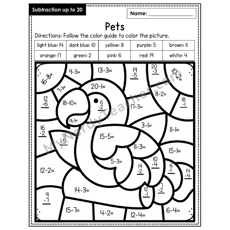 Subtraction to 20 Color by Number — Pets (Page 4)
