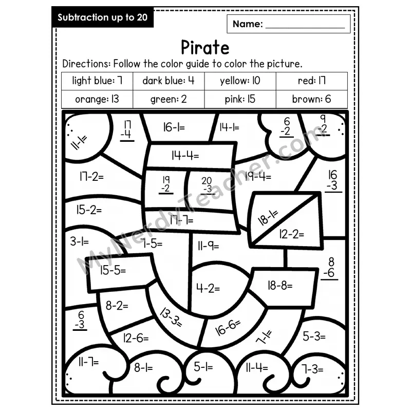 Subtraction to 20 Color by Number — Pirate (Page 5)