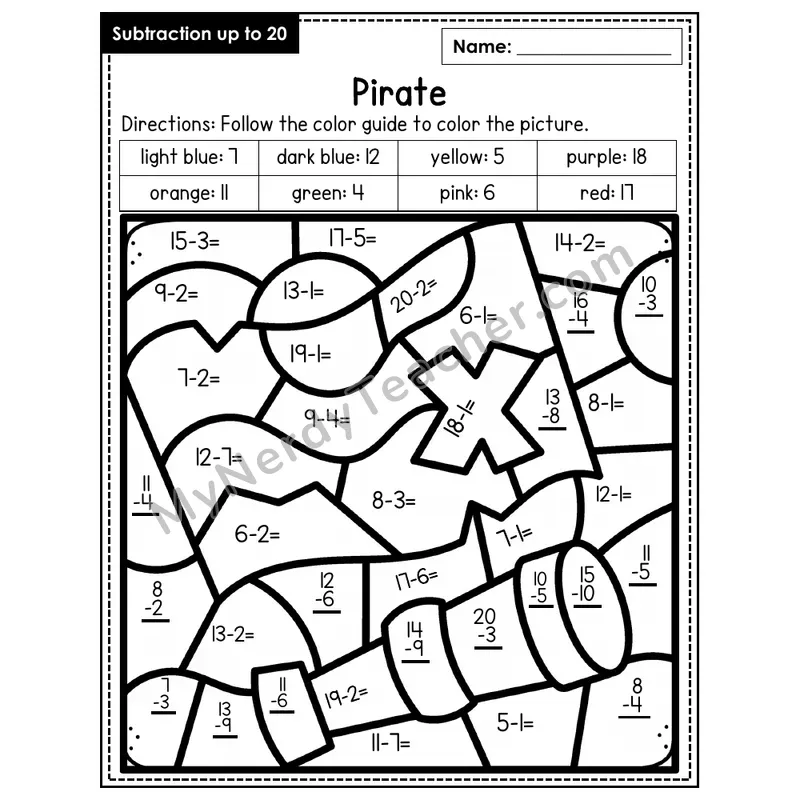Subtraction to 20 Color by Number — Pirate (Page 2)