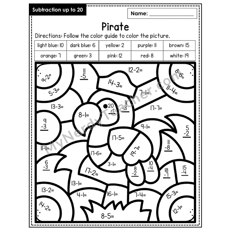 Subtraction to 20 Color by Number — Pirate (Page 3)