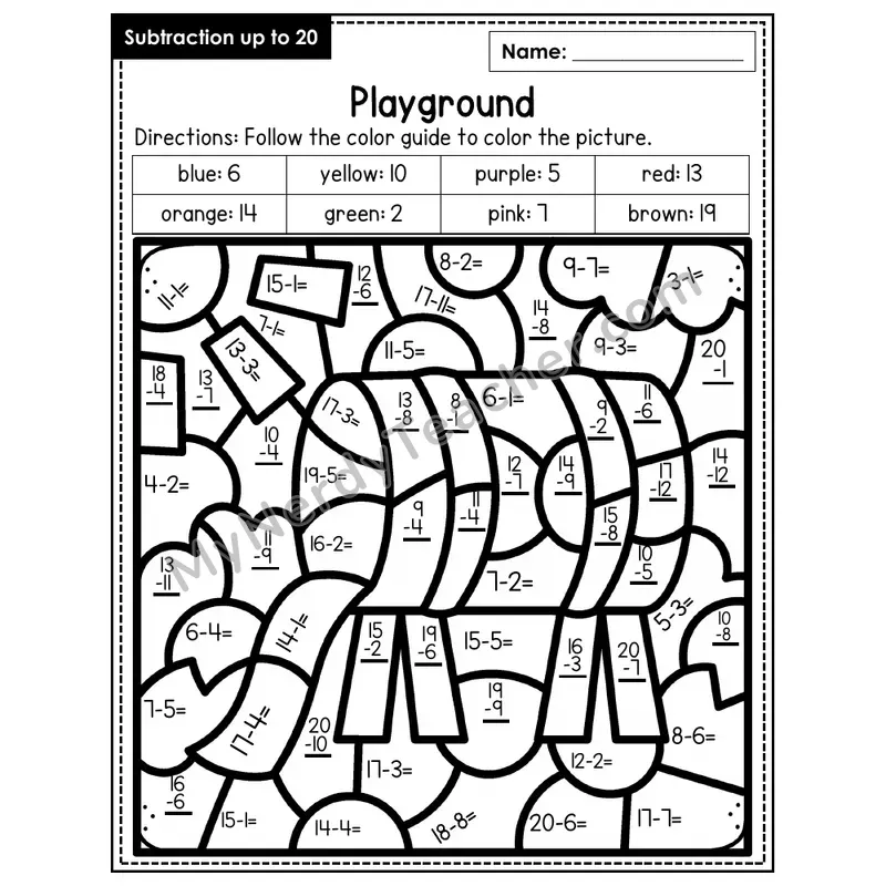 Subtraction to 20 Color by Number — Playground (Page 1)