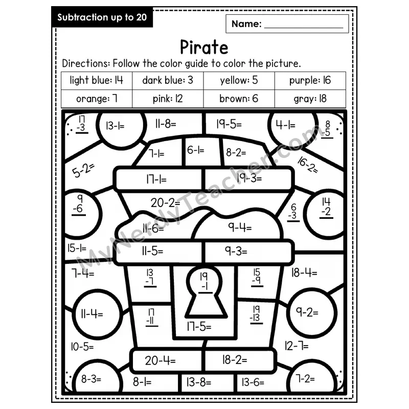 Subtraction to 20 Color by Number — Pirate (Page 8)
