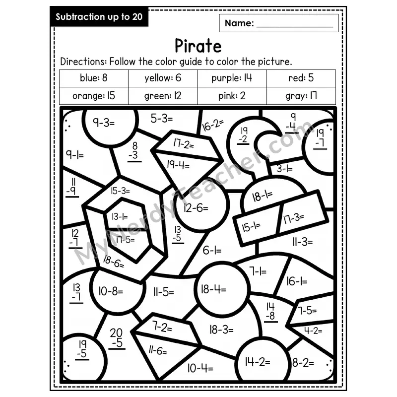 Subtraction to 20 Color by Number — Pirate (Page 7)